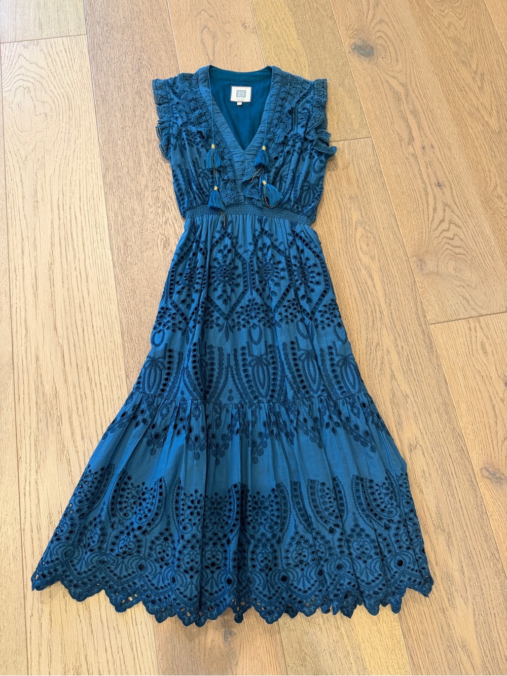 Boho Teal Embroidered Maxi Dress with Tassel V-Neck